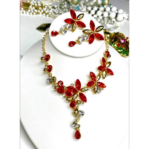 NEW Necklace Earrings Red Rhinestone Set Fashion Jewelry Choker 16" 18" 20"  M25 - Picture 1 of 4